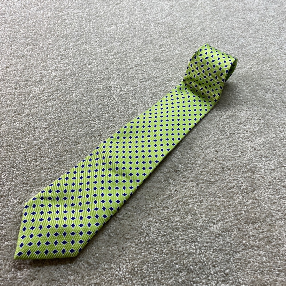 Jos. A. Bank Necktie Mens One Size Lime Green Navy Blue Diamond Silk Geometric